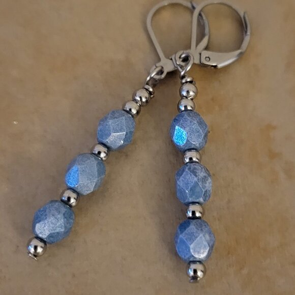 Denim Blue Czech Crystal Earrings Firepolished Stainless Leverback Earwires - Picture 3 of 6